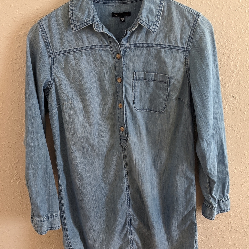 Gap Womens Size Medium Long Sleeve Med Wash Popover Above Knee Denim Shirt Dress
